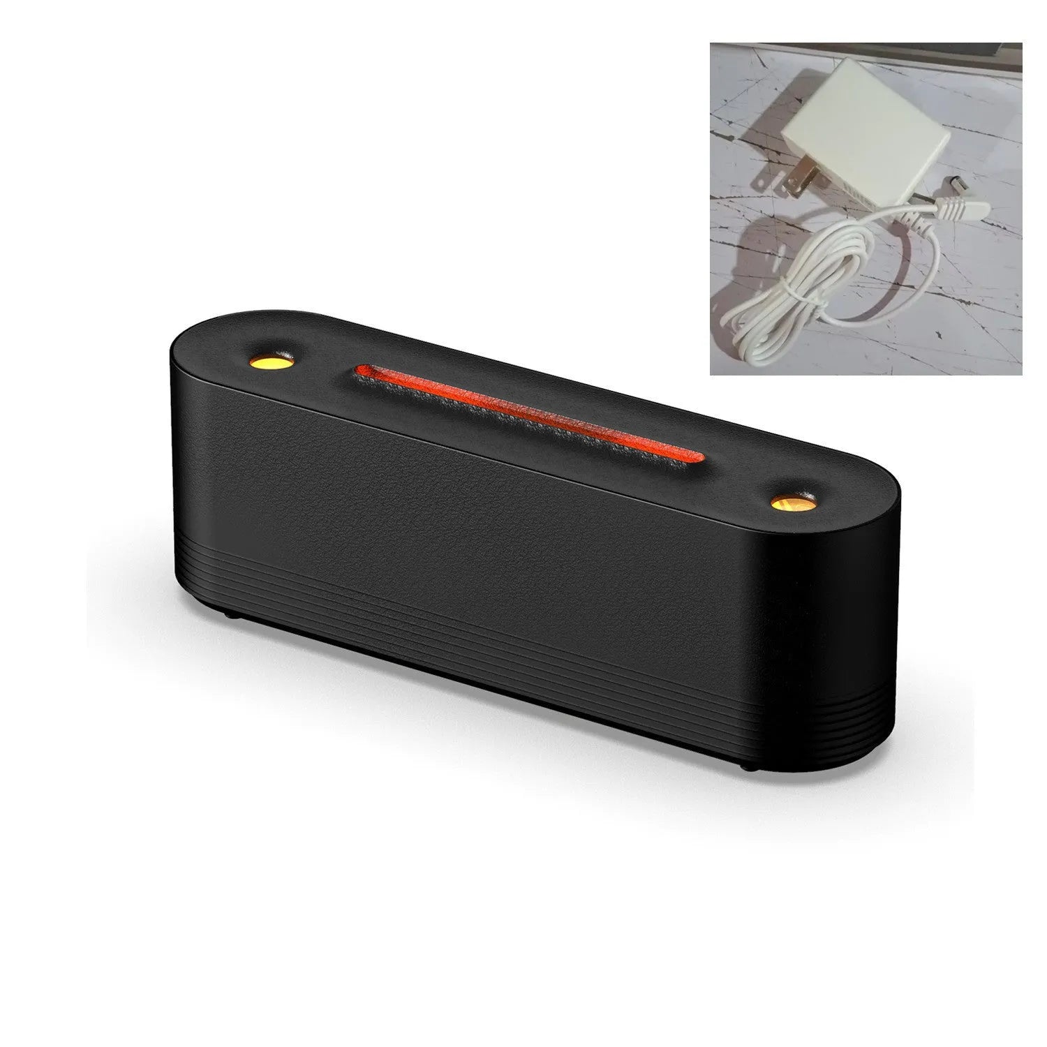 Black or white flame air humidifier with aroma diffuser and 7 colour LED lighting on table