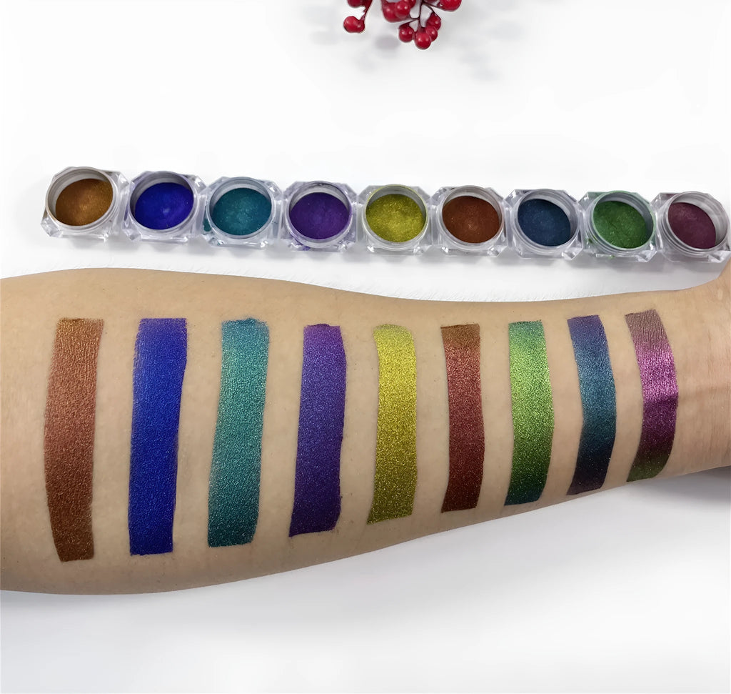 Chameleon pigment pearl powder in eight colours for cosmetic nail art, displayed in small jars