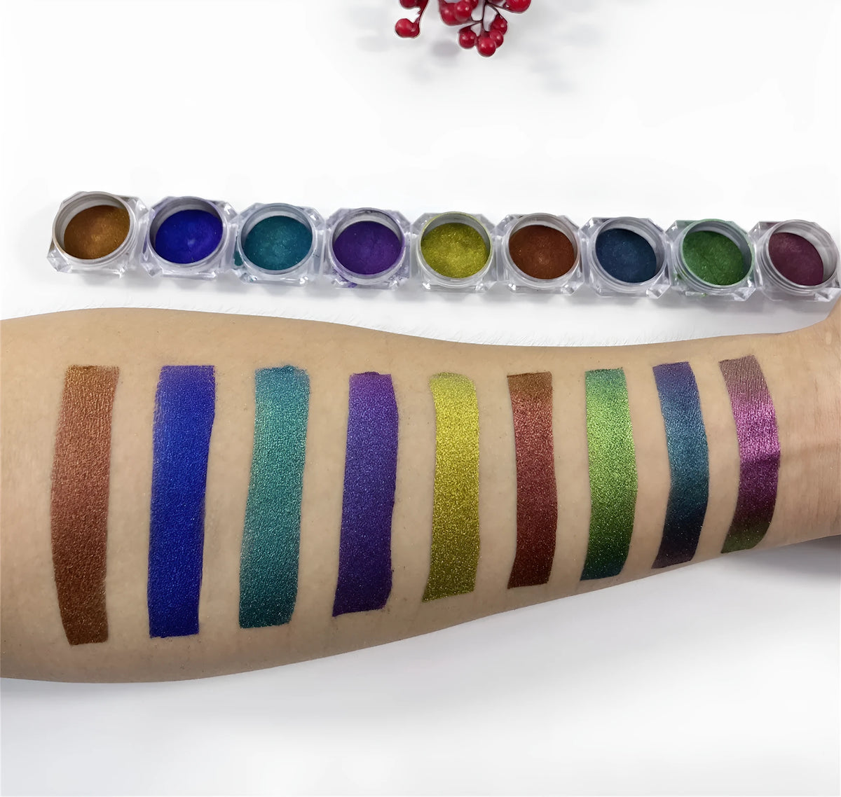 Chameleon pigment pearl powder in eight colours for cosmetic nail art, displayed in small jars