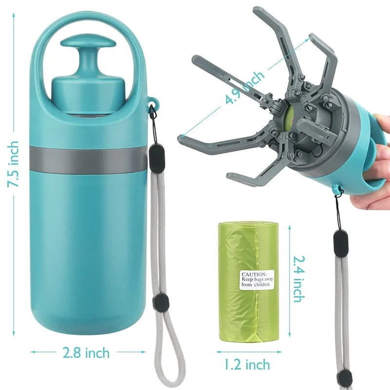 Blue plastic portable dog pooper scooper with built-in bag dispenser and carrying lanyard.