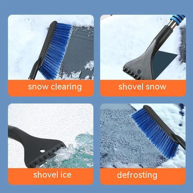 Yellow and blue telescopic car snow brushes with a separate black snow ploughing blade on a white background.