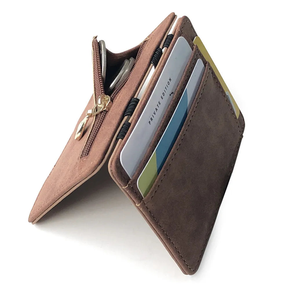 Korean style matte leather magic wallet in horizontal square shape with coin pocket.