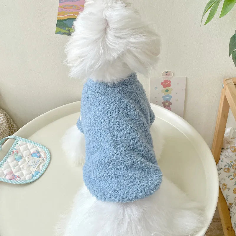 Reversible double-sided cloud velvet pet jacket shown in blue, for small dogs and puppies.