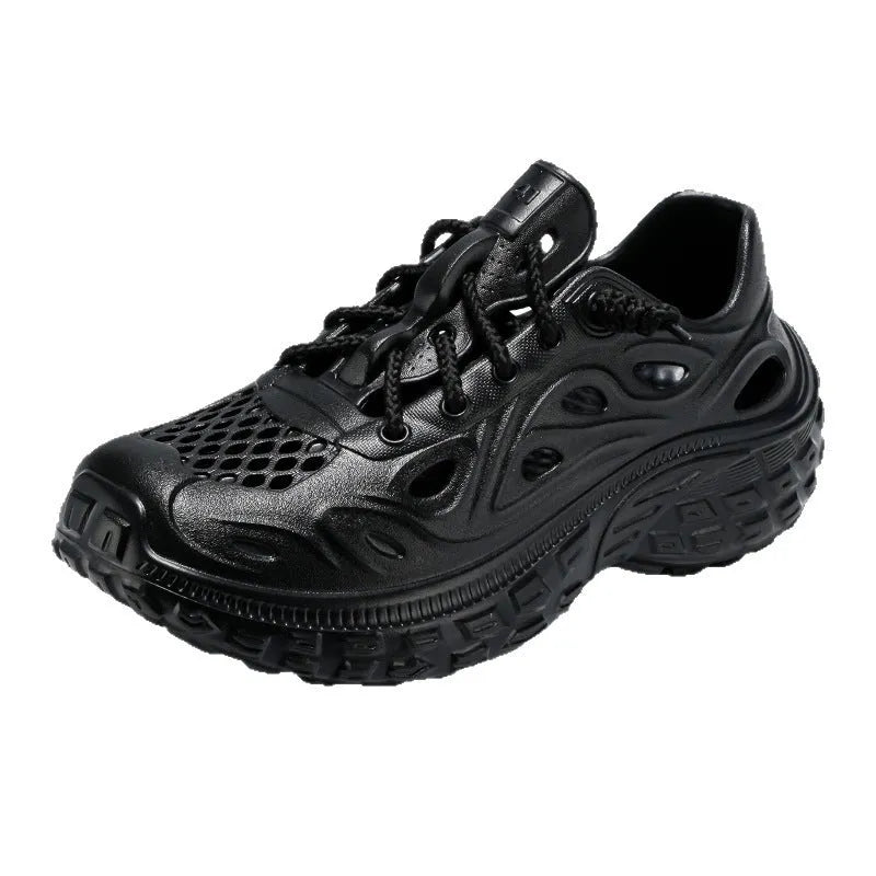 Men's black EVA sandals with thick sole and covered heel design on neutral background