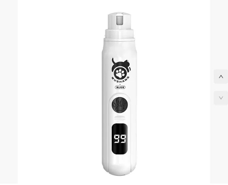 White plastic electric pet nail grinder with 3-speed adjustment and power display, plus charging cable