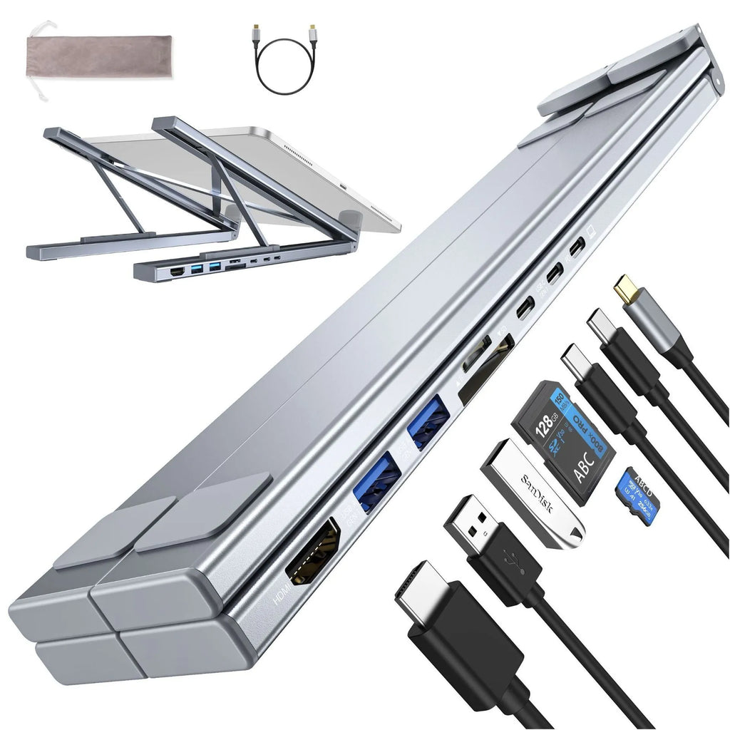 Folding aluminium laptop stand with integrated multi-port USB and HDMI docking station.