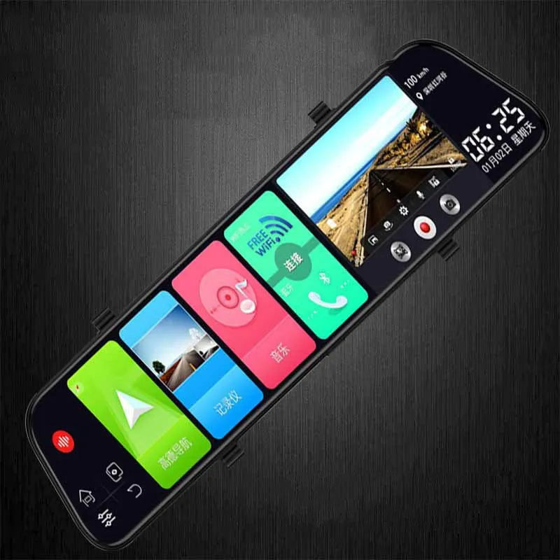 12-inch rearview mirror tachograph with dual camera lenses and large touch screen display for car