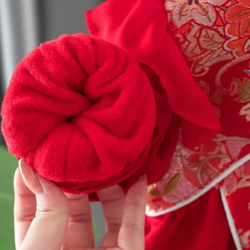 Red winter velvet padded dress for girls with Chinese knot detail, cotton fabric, long sleeves, height 80-120cm