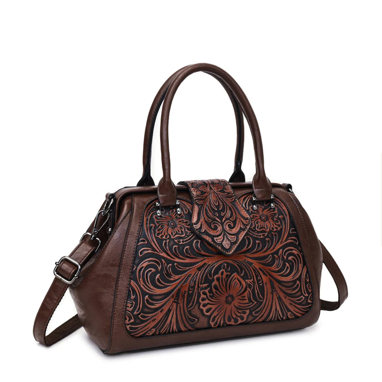 Handmade carved one-shoulder women's PU leather bag in beige with retro embossed pattern and pillow shape