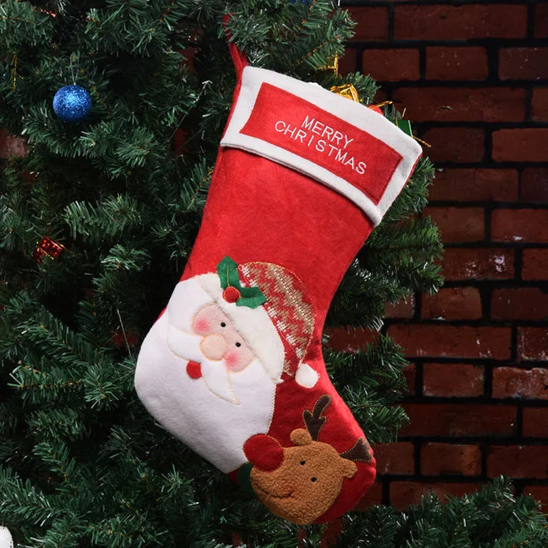 American-style non-woven fabric Christmas stocking decoration in Elk, Old Man, or Snowman design.