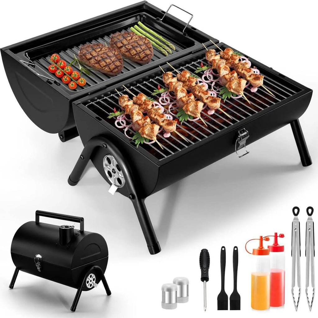 Small folding desktop charcoal barbecue smoking device with grill.