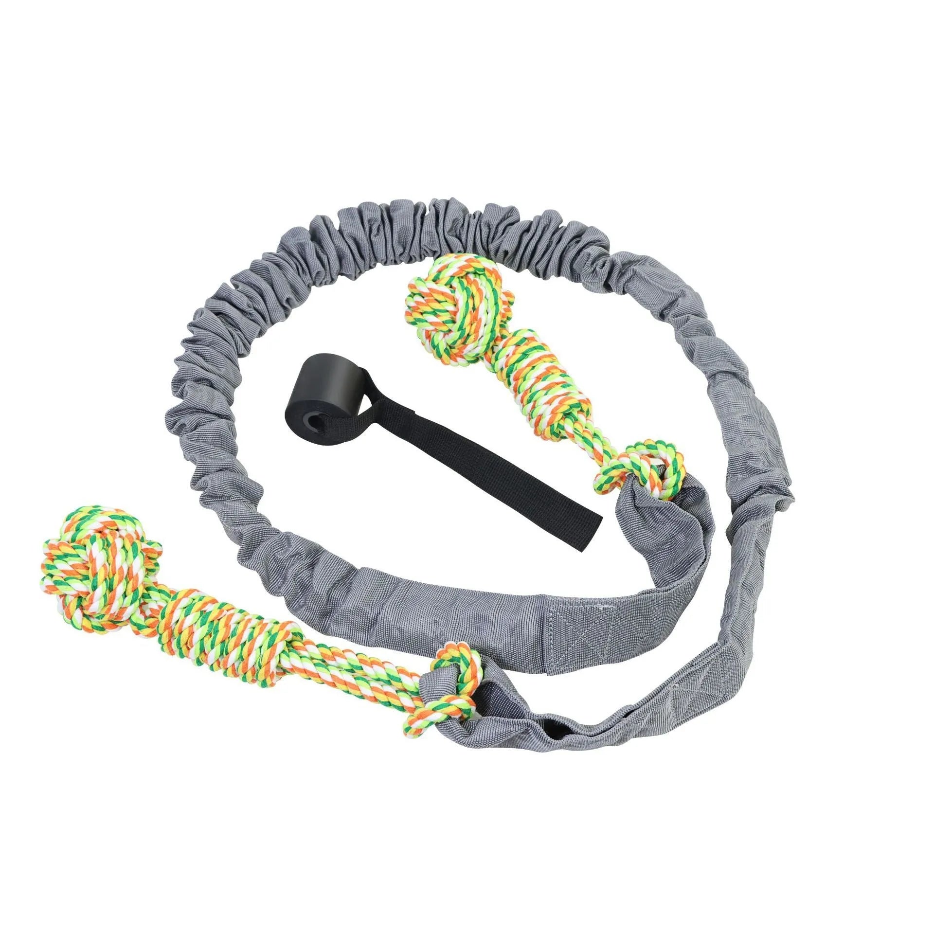 Woven cotton dog tug-of-war rope chew toy in red colour on a white background.