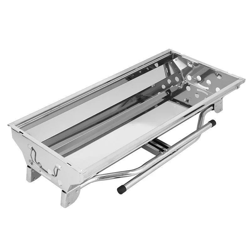 Stainless steel portable folding barbecue grill with large cooking area.