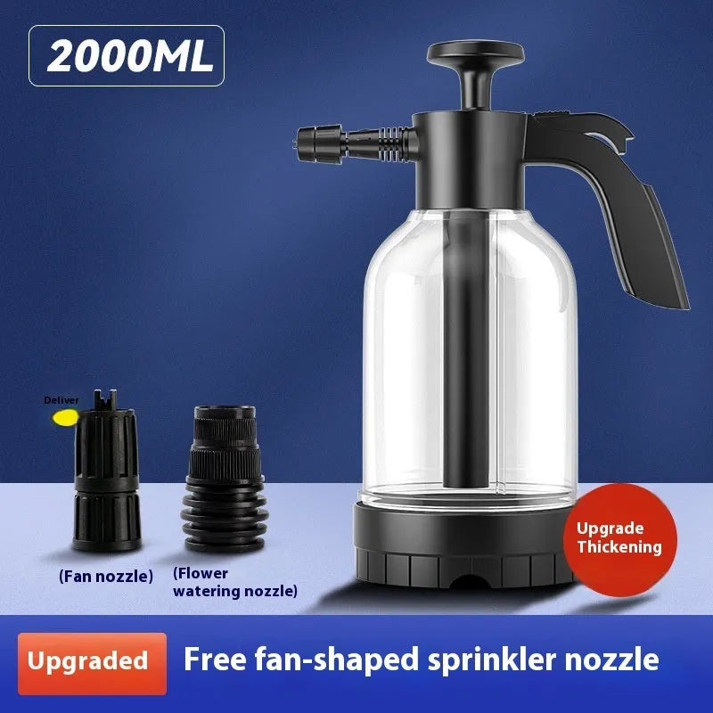 Hand-held high-pressure car wash foam sprayer with 2 litre capacity and wind-resistant design