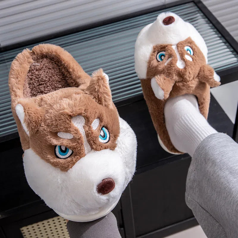 Cute Husky cartoon pure cotton slippers for men and women, warm indoor winter footwear in dark gray