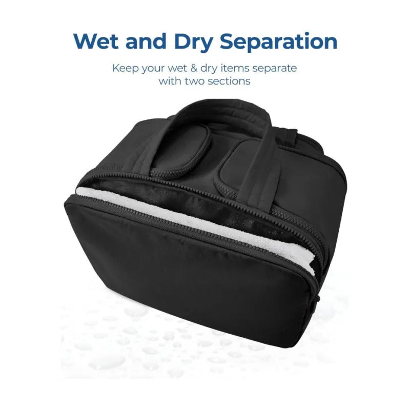 Large fluffy polyester travel toiletry bag in multiple colours, shown open to reveal soft interior.