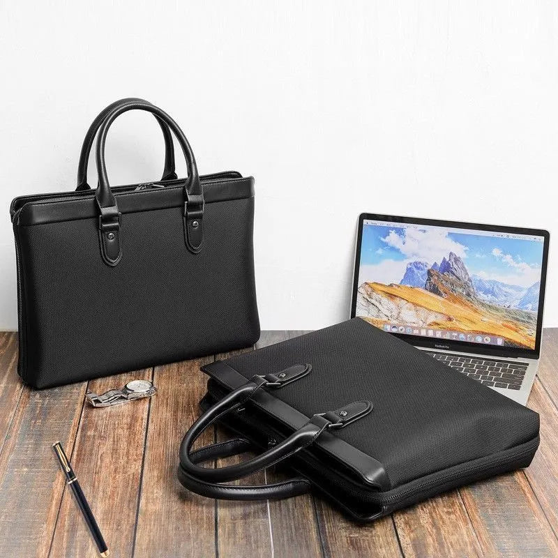 Men's PU briefcase file bag with Oxford fabric lining, thread-cut detail, in high-end black or blue