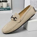 Men's beige leather casual loafers with a round toe and rubber sole.