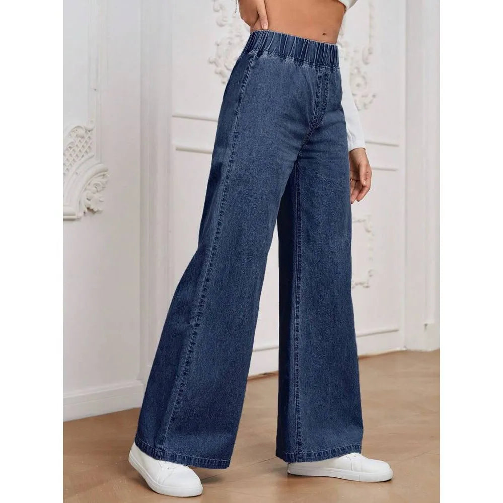 Light blue washed wide-leg denim trousers with straight silhouette and zip-fly placket