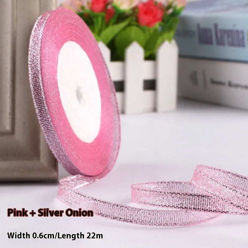 0.6cm wide polyester gift packaging ribbon roll in multiple colour options including gold leaf and jade pink