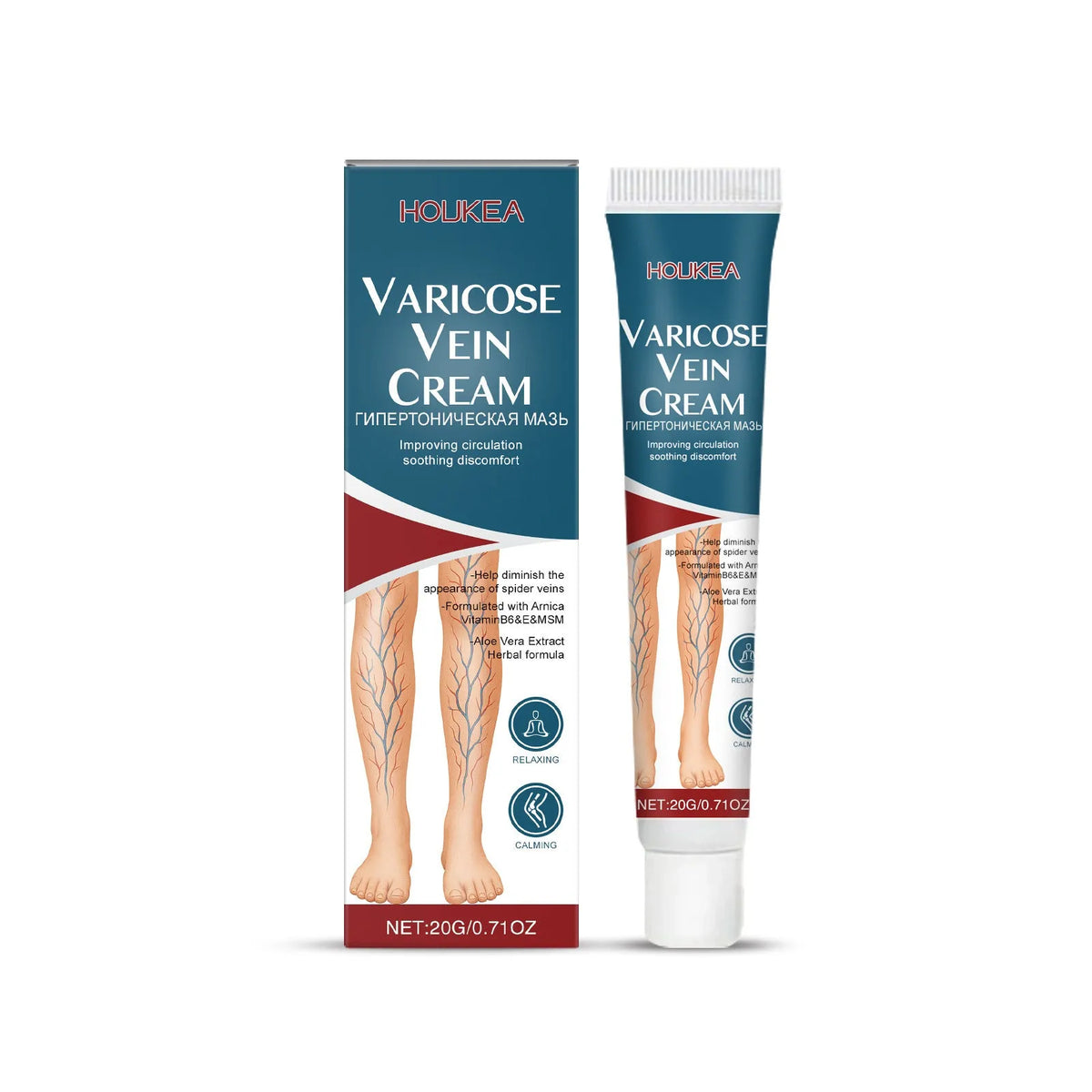 20g tube of leg massage cream containing mint leaves, arnica, witch hazel, vitamin B6 and aloe leaves