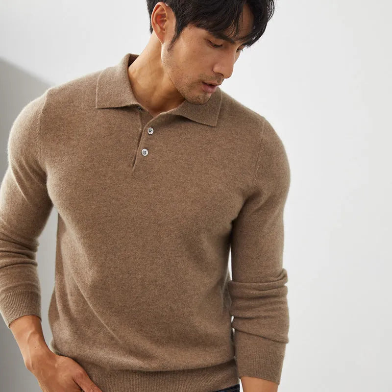 Men's blue cashmere polo collar pullover sweater on hanger showing loose fit design