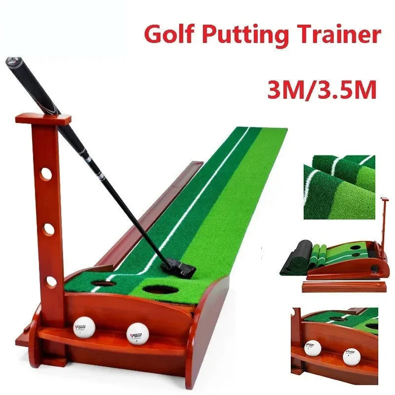 Indoor golf putting practice mat with solid wood frame, synthetic grass, and automatic ball return mechanism.
