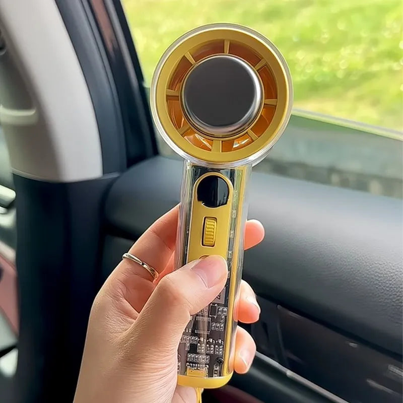 Yellow handheld fan with ice compress function showing compact size and USB port.