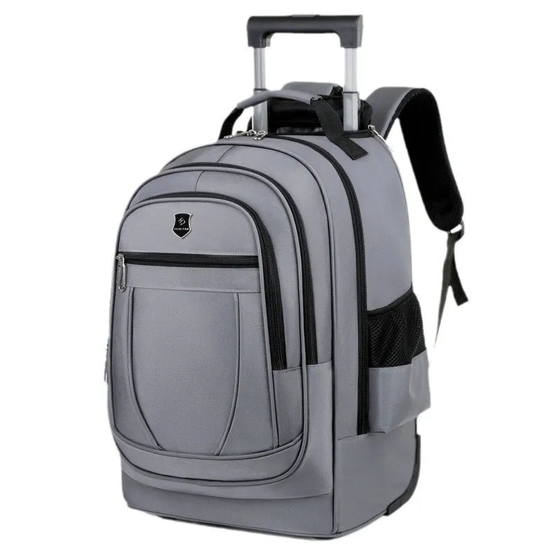Large capacity drawbar Oxford cloth backpack in black with visible sewing thread, breathable back panel, and air pillow belt system