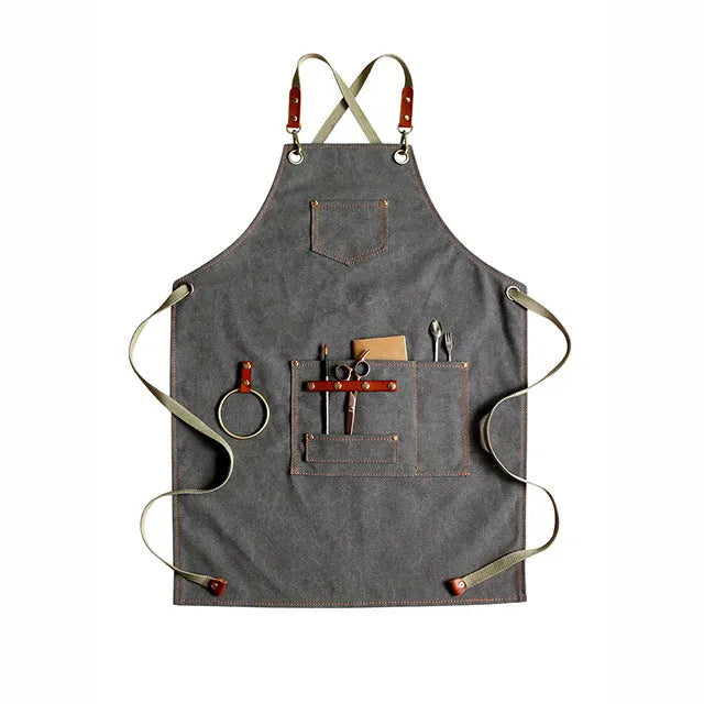 Han style canvas apron with cross-strap back in camel, light grey, or dark grey