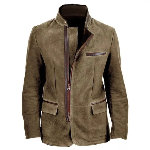 Vintage men's casual coat with stand collar, zipper front, and tooling patchwork in gray
