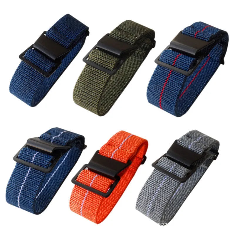 Elastic nylon watchband in green, blue, or black with silver buckle or black button, available in 18mm, 20mm, and 22mm widths.