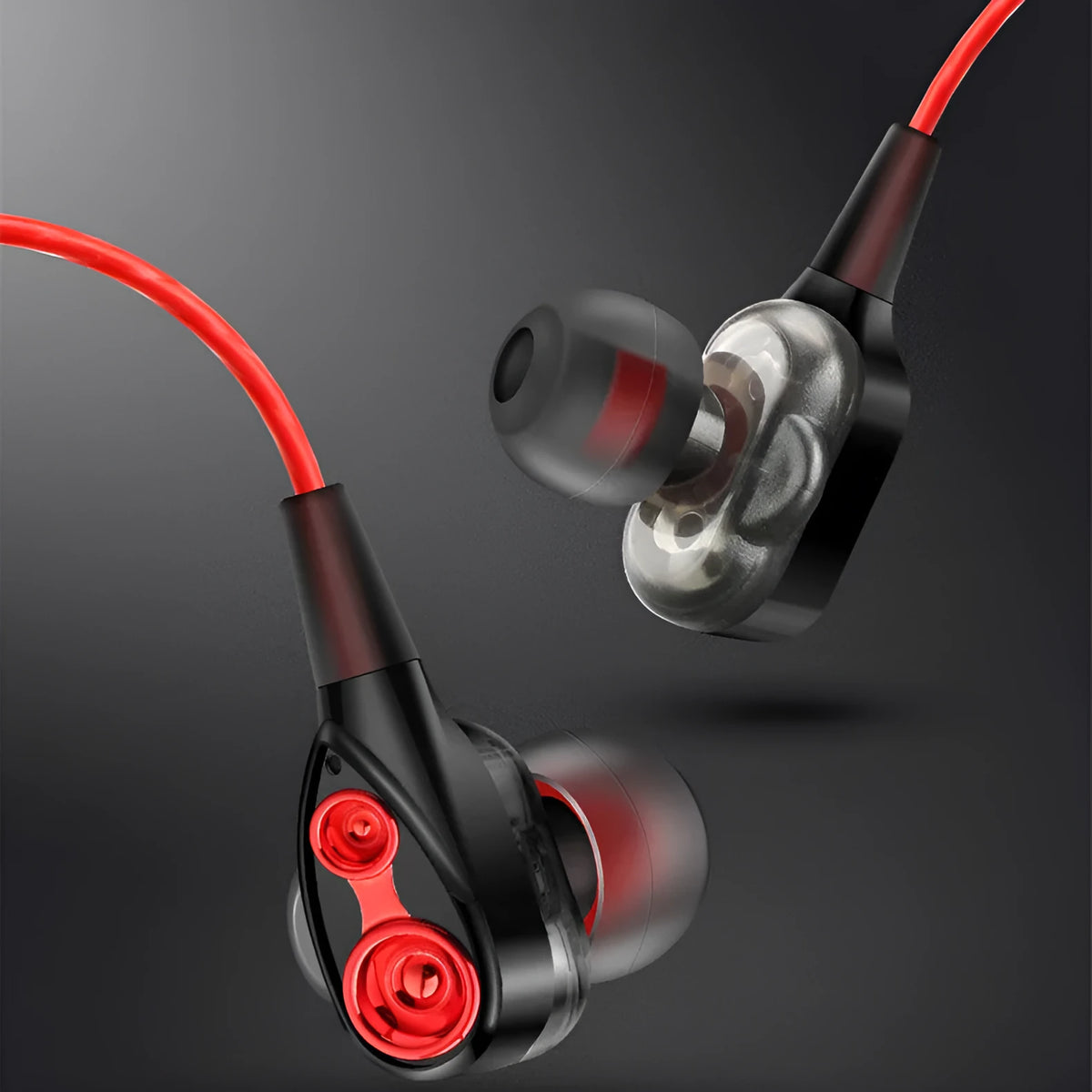Red quad core dual dynamic metal subwoofer in-ear headphones with 3.5mm plug, microphone and 1.2m cable