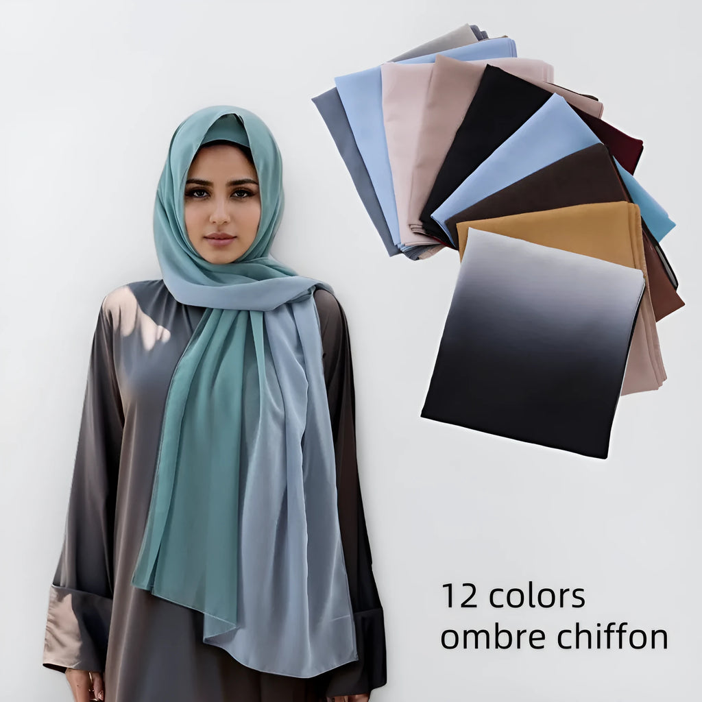 Women's lightweight chiffon scarf in ethnic Pu long style showing draped styling