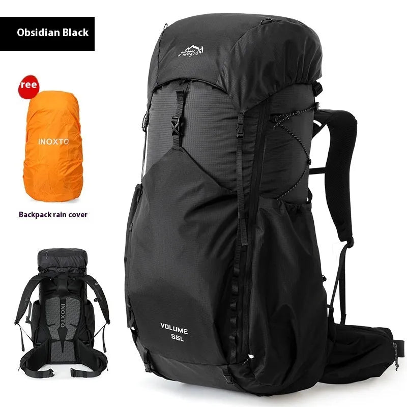 Large capacity hiking backpack in plum colour, polyester material, with optional water bag, outdoor use