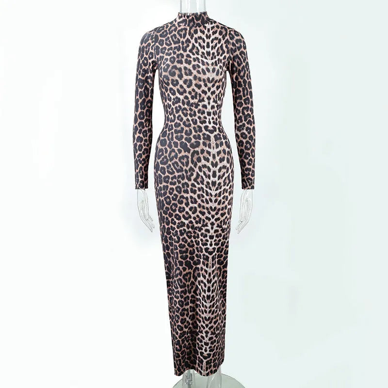 Leopard print women's long dress with stand collar, long sleeves, and high-waist hip skirt design