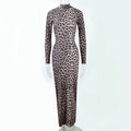 Leopard print women's long dress with stand collar, long sleeves, and high-waist hip skirt design