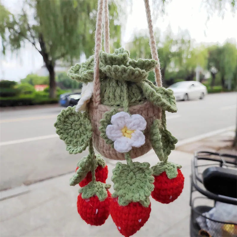 Red wool knitted strawberry car hanging pendant with three-dimensional fruit design for car trailer decoration