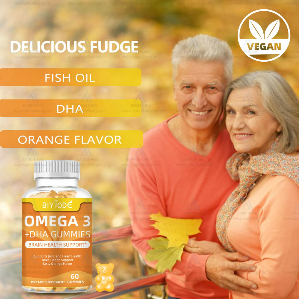 Bottle of 60 DHA algae oil gummies with custom label, plant-based omega-3 supplement