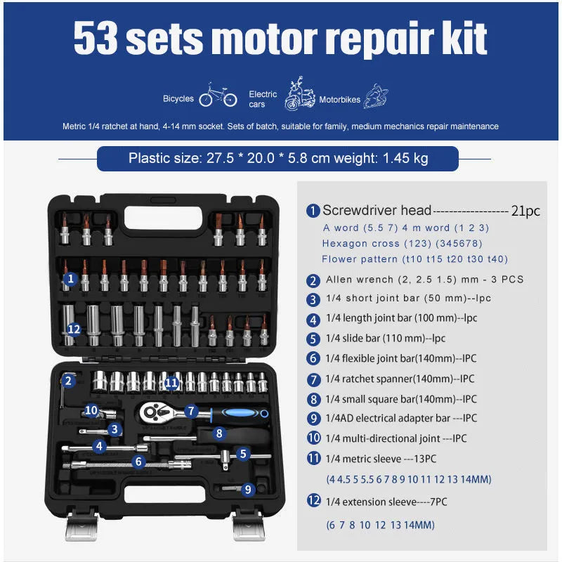 Chromium vanadium steel socket ratchet wrench set with multiple socket sizes on a rail.