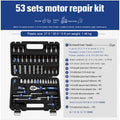 Chromium vanadium steel socket ratchet wrench set with multiple socket sizes on a rail.