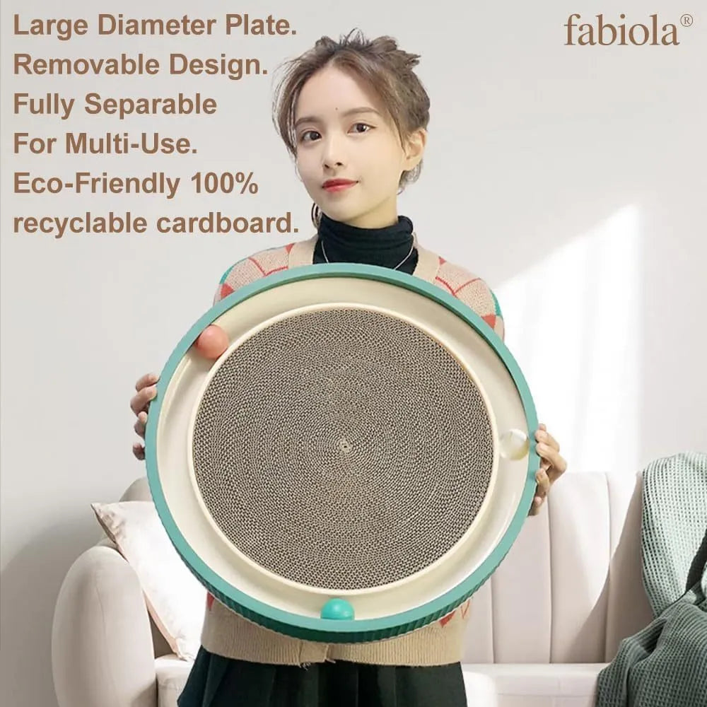 Large circular cat scratching board with bell balls and replaceable cardboard core