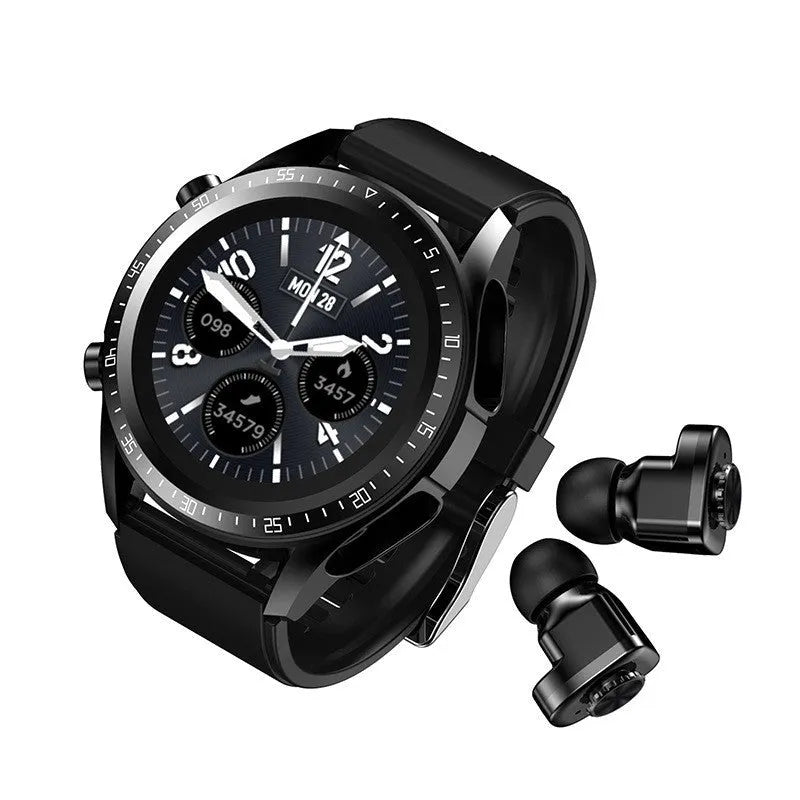 Black smart watch with silicone strap displaying blood pressure and oxygen data on its 1.28-inch screen.