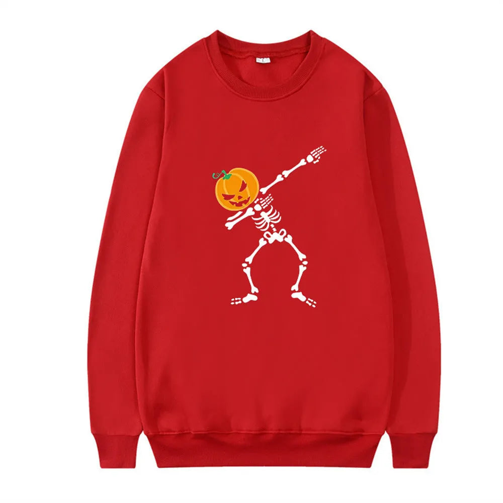 Women's black printed crew neck long sleeve cotton sweatshirt on a hanger.