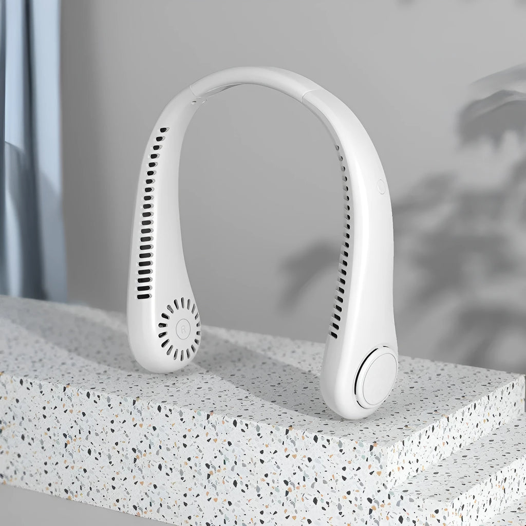 White USB rechargeable bladeless neck fan being worn, showing its flexible neckband and streamlined air outlet.
