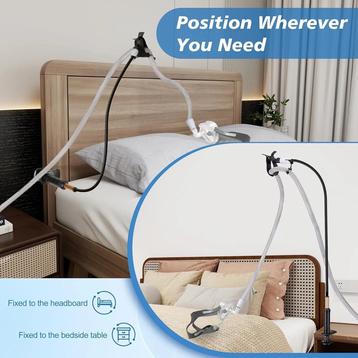 A long, black aluminium alloy ventilator hose bracket for securing medical tubing at a bedside.