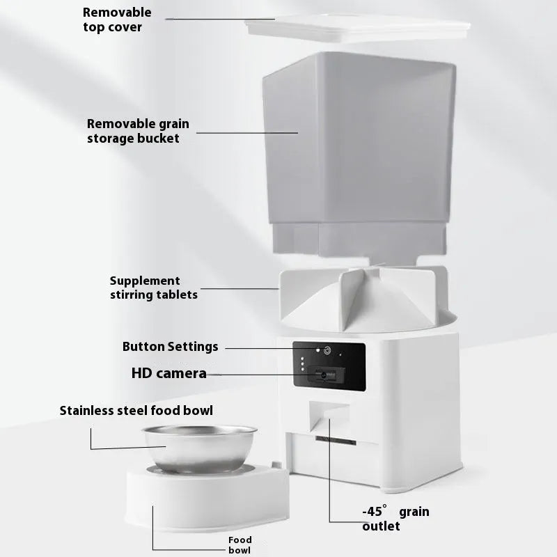Intelligent pet feeder with stainless steel bowl, 5L capacity, for remote video monitoring and timed feeding of dogs and cats.