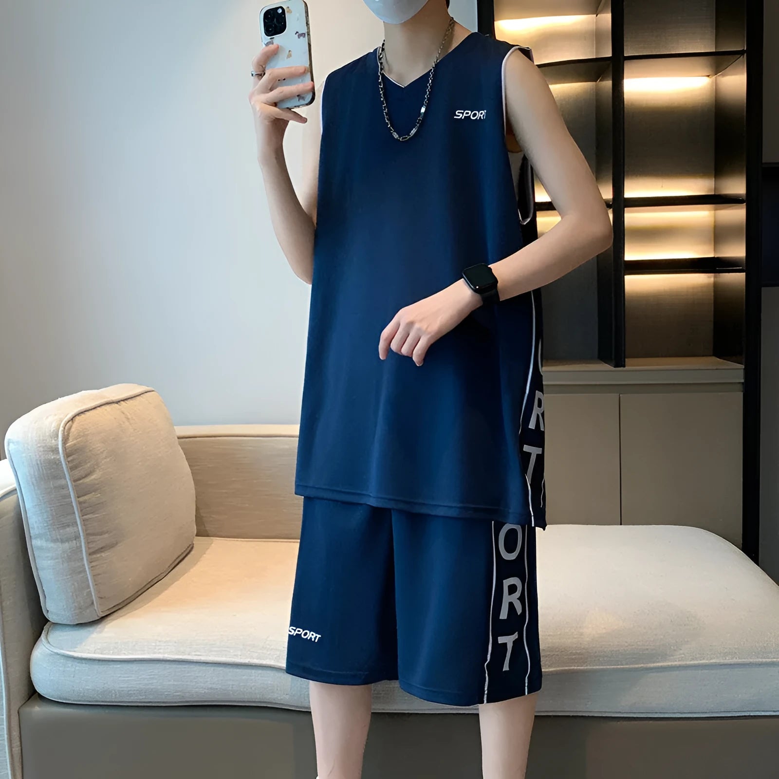 Men's basketball sports set with sleeveless vest and matching shorts in thin polyester fabric