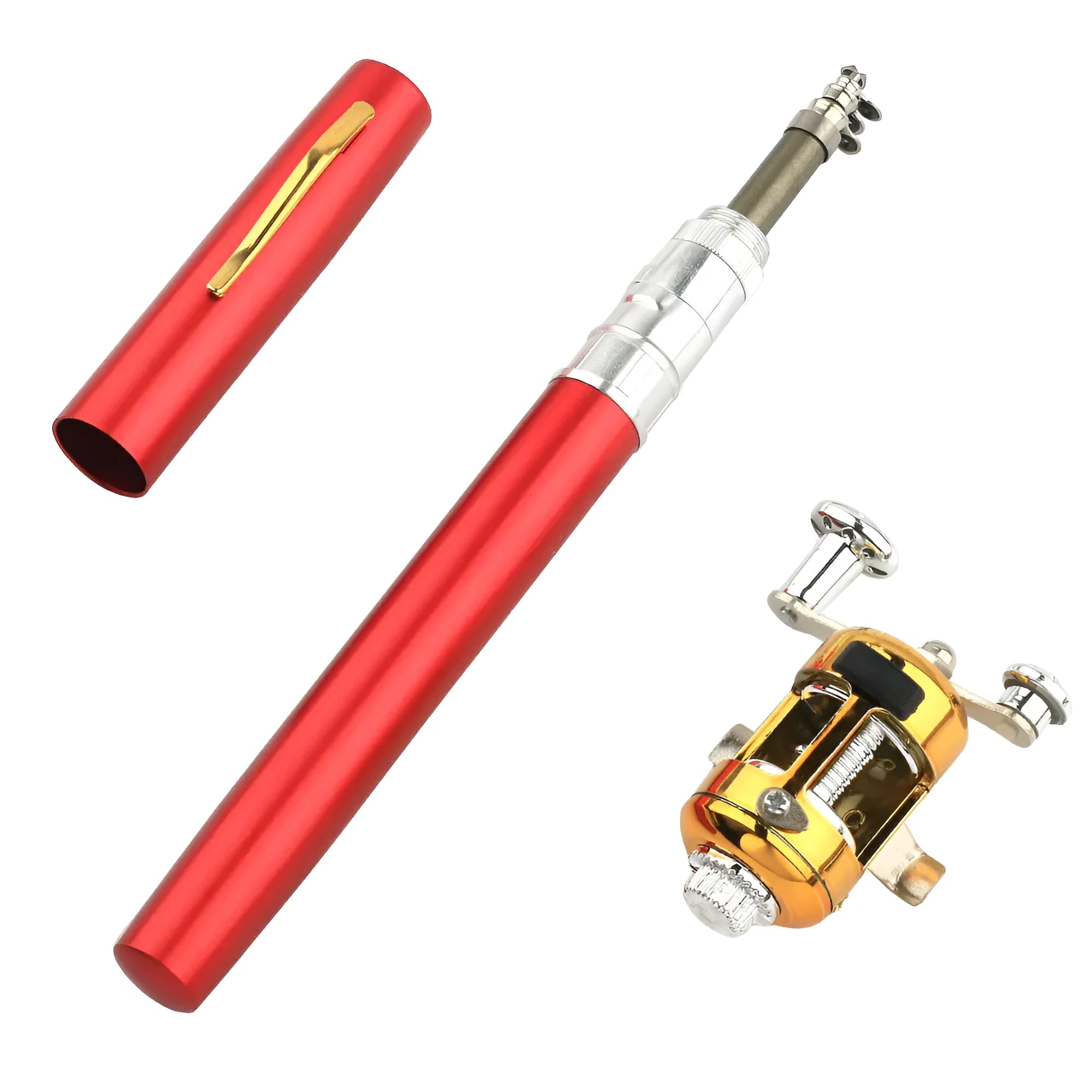 Gold telescopic pen fishing rod kit with black reel, collapsed in aluminium case and extended to 1 metre.