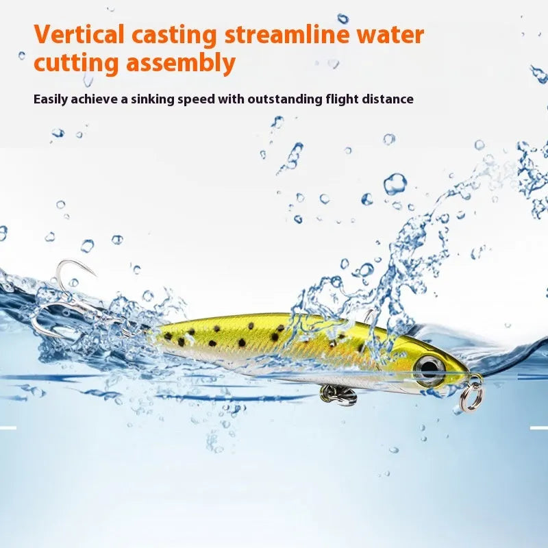 Small silver fish pencil bait lure set with double hooks, five pieces and box, 3.5g to 13g